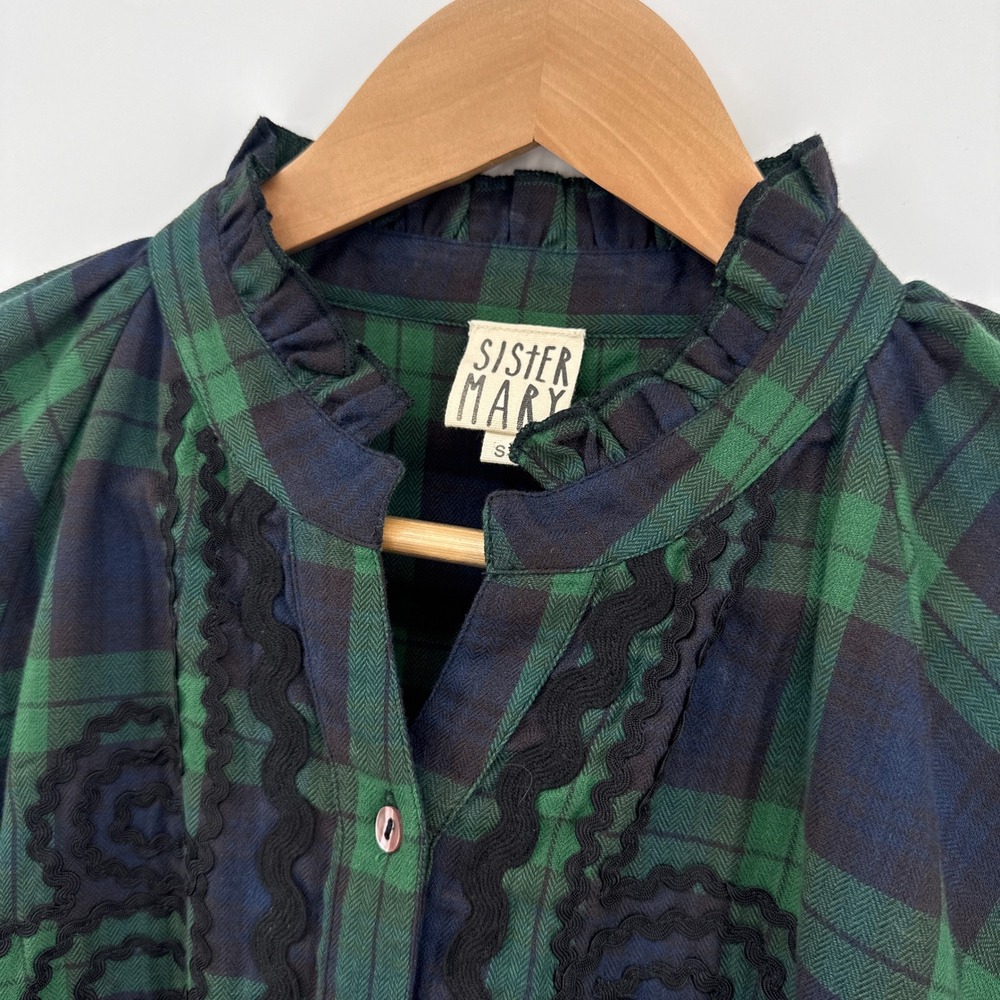 Sister Mary Rosa Plaid Trimmed Shirt Green Navy Ruffled Collar RicRac Size Small - Picture 5 of 12